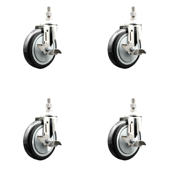 Service Caster 5 Inch 316SS Black Polyurethane Swivel 1/2 Inch Threaded Stem Caster Set Brake SCC SS316TS20S514-PPUB-BLK-TLB-121315-4 - main